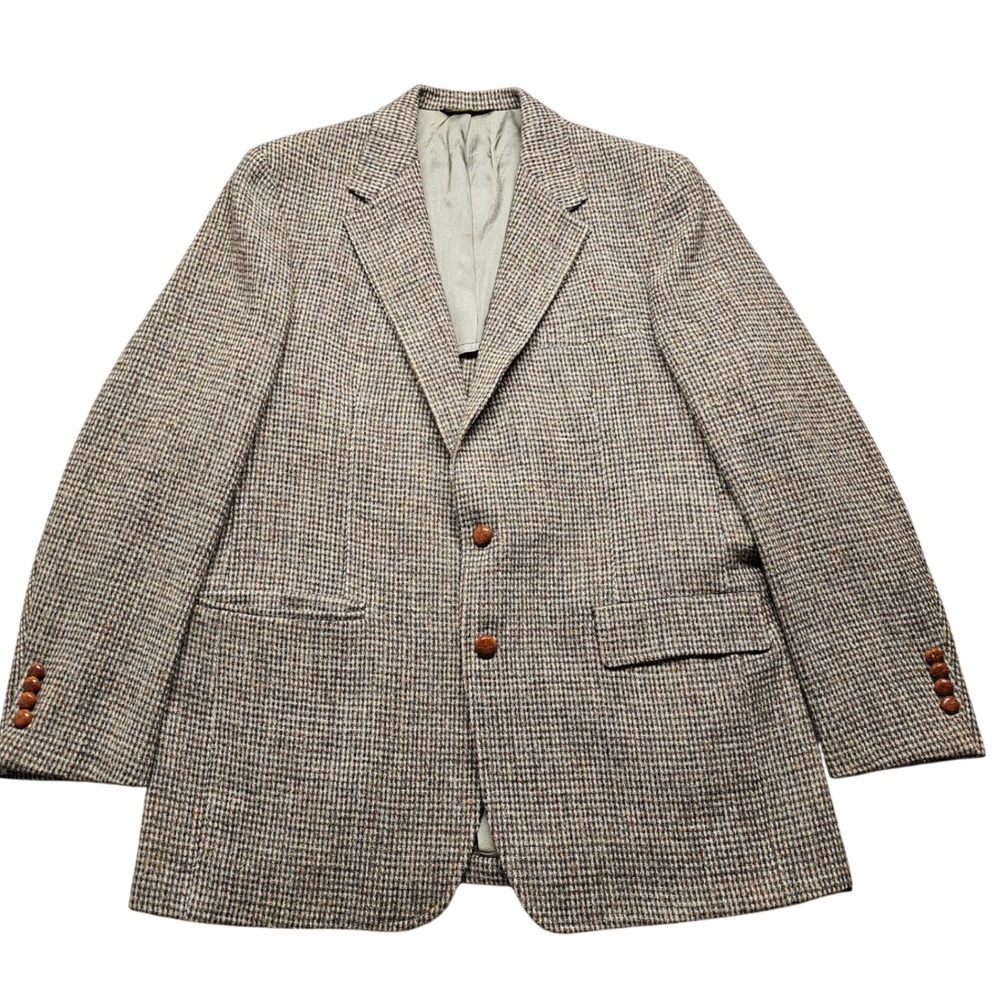 Hunter Haig Harris Tweed Sport Coat Brown Houndstooth Handwoven Wool Blazer 44R